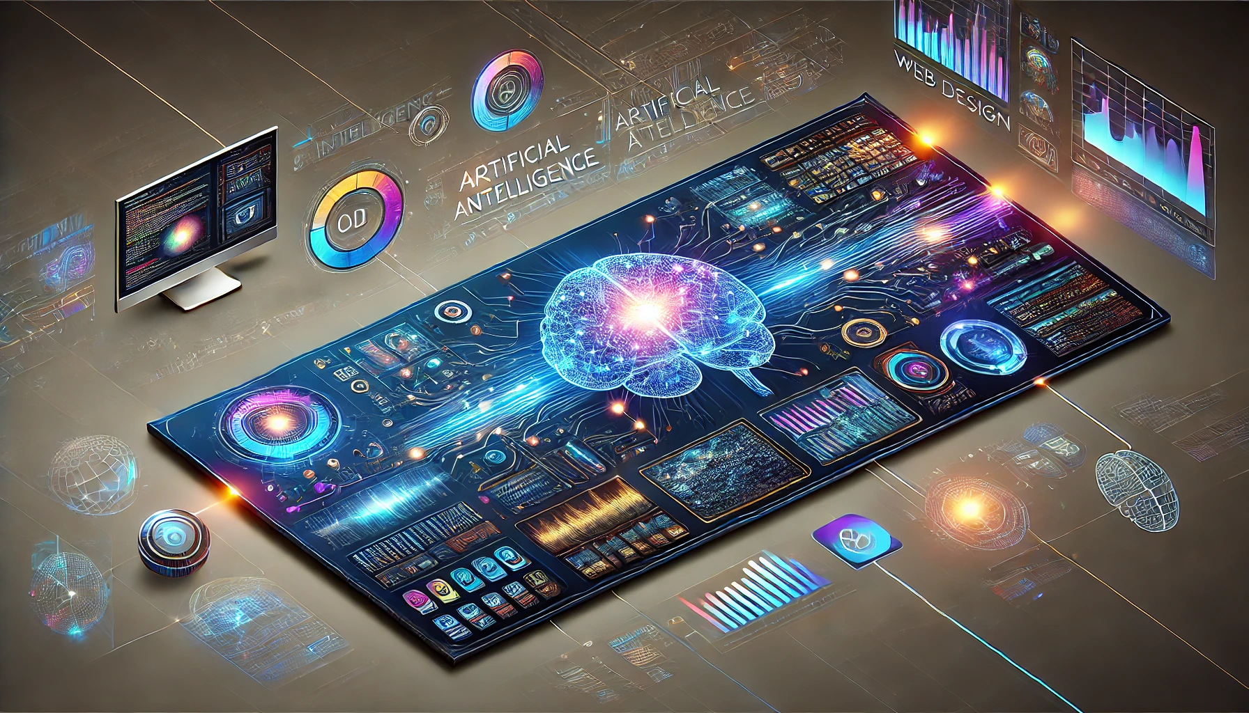 A sleek, modern rectangular banner representing artificial intelligence, automation, web design, and digital marketing. 